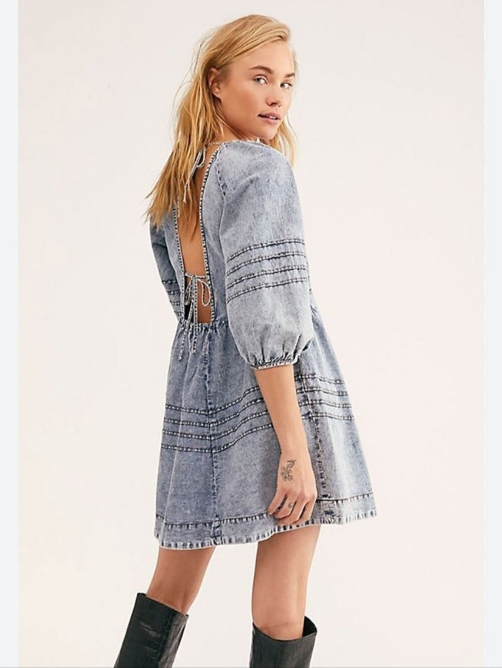 Free People washeddenim puff sleeve open, tie-back mini dress - Picture 3 of 14